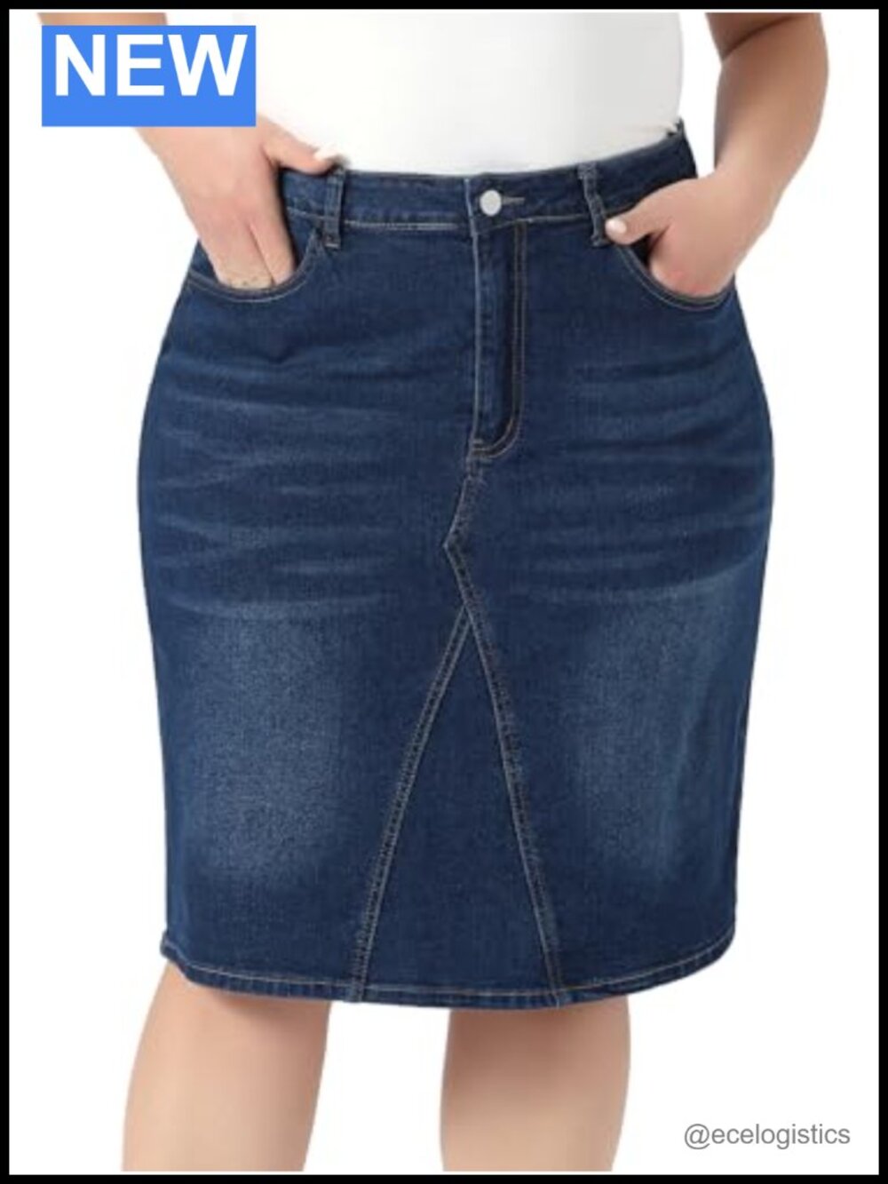 High Waist Stretch Midi Denim Skirt with Pockets